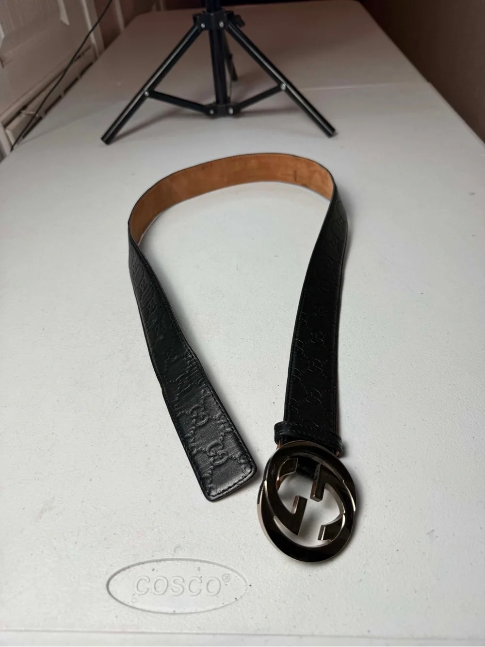 Authentic Gucci Black Guccissima Leather silver Interlocking G Buckle Belt